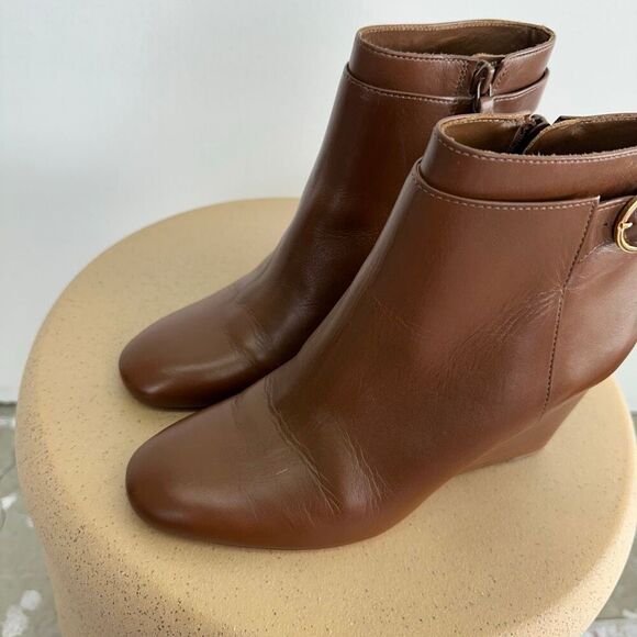 Tory Burch Women’s Sofia Cognac Leather Wedge Zip Almond Toe Ankle Bootie - Picture 8 of 13